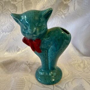 Vintage Teal Cat Figurine with Red Bow Vase